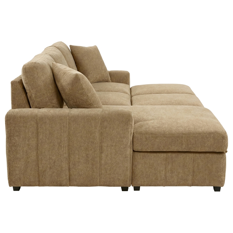 Pemberly Row Fabric Upholstered Sleeper Sectional Sofa LAF Chaise in Camel