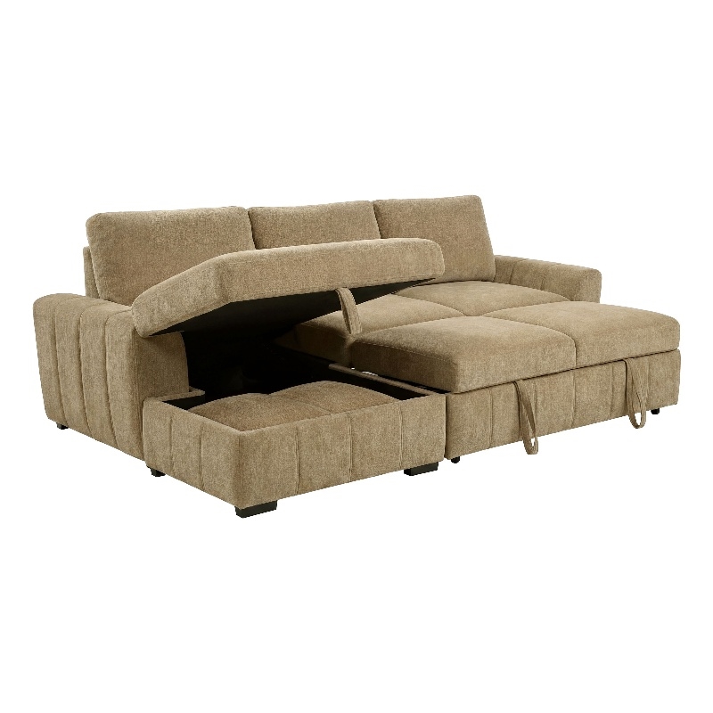 Pemberly Row Fabric Upholstered Sleeper Sectional Sofa LAF Chaise in Camel