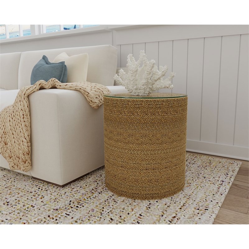 Pemberly Row Round Woven Rattan & Seagrass Accent Side Table in Light Brown
