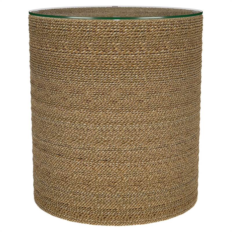 Pemberly Row Round Woven Rattan & Seagrass Accent Side Table in Light Brown