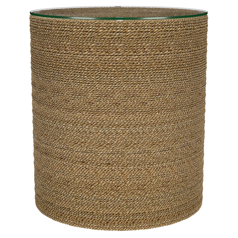 Pemberly Row Round Woven Rattan & Seagrass Accent Side Table in Light Brown