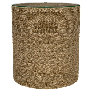 Pemberly Row Round Woven Rattan & Seagrass Accent Side Table in Light Brown