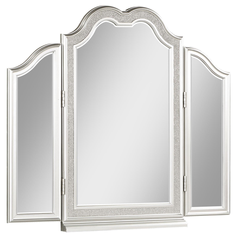 Pemberly Row Beveled Glass Tri-Fold Vanity Mirror in Silver Oak