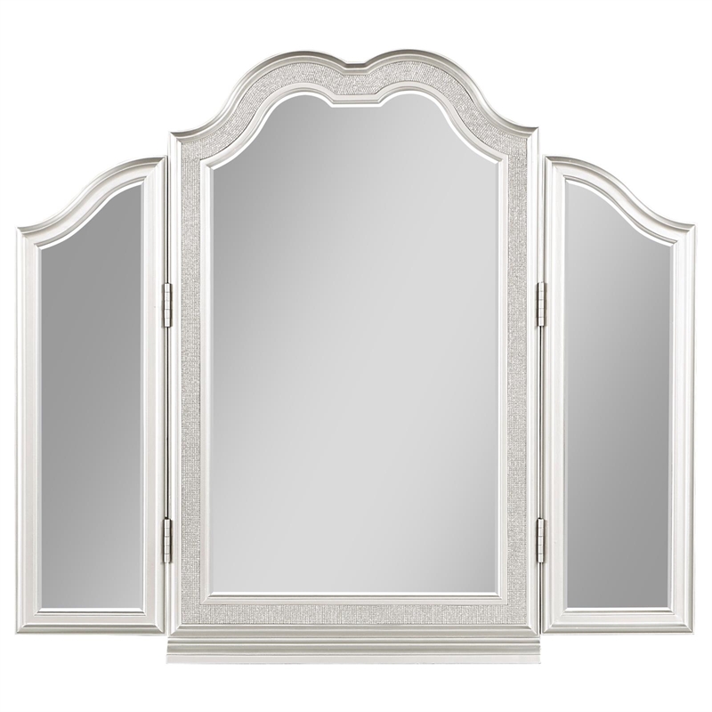 Pemberly Row Beveled Glass Tri-Fold Vanity Mirror in Silver Oak