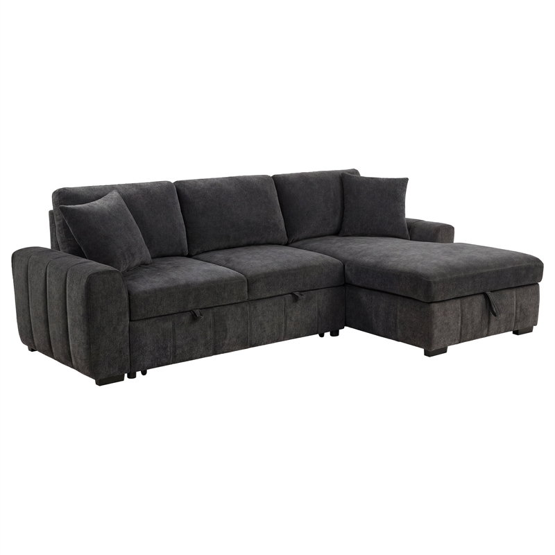 Pemberly Row Fabric Upholstered Sleeper Sectional Sofa RAF Chaise in Gray