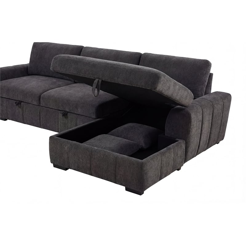 Pemberly Row Fabric Upholstered Sleeper Sectional Sofa RAF Chaise in Gray