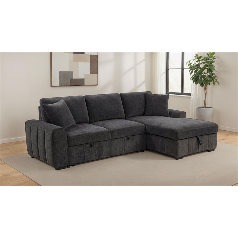 Pemberly Row Fabric Upholstered Sleeper Sectional Sofa RAF Chaise in Gray