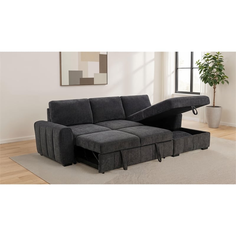 Pemberly Row Fabric Upholstered Sleeper Sectional Sofa RAF Chaise in Gray