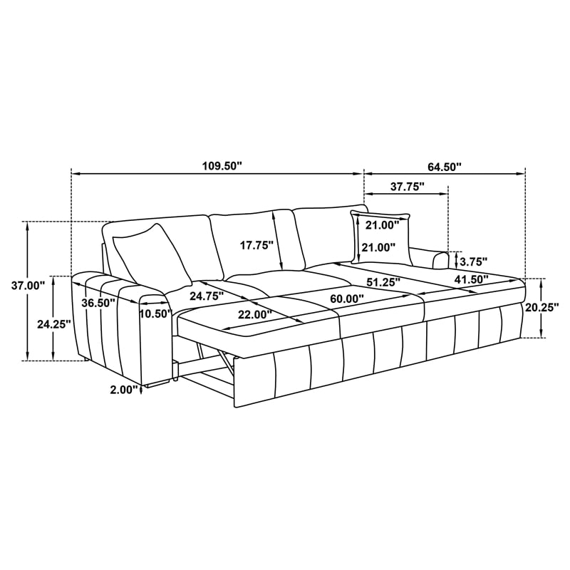 Pemberly Row Fabric Upholstered Sleeper Sectional Sofa RAF Chaise in Gray