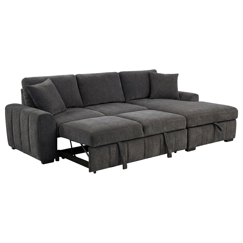 Pemberly Row Fabric Upholstered Sleeper Sectional Sofa RAF Chaise in Gray