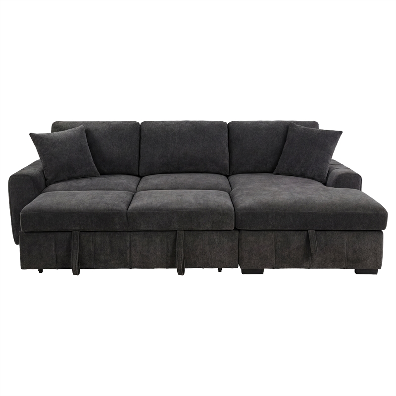 Pemberly Row Fabric Upholstered Sleeper Sectional Sofa RAF Chaise in Gray