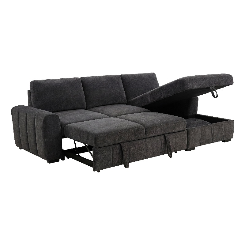 Pemberly Row Fabric Upholstered Sleeper Sectional Sofa RAF Chaise in Gray