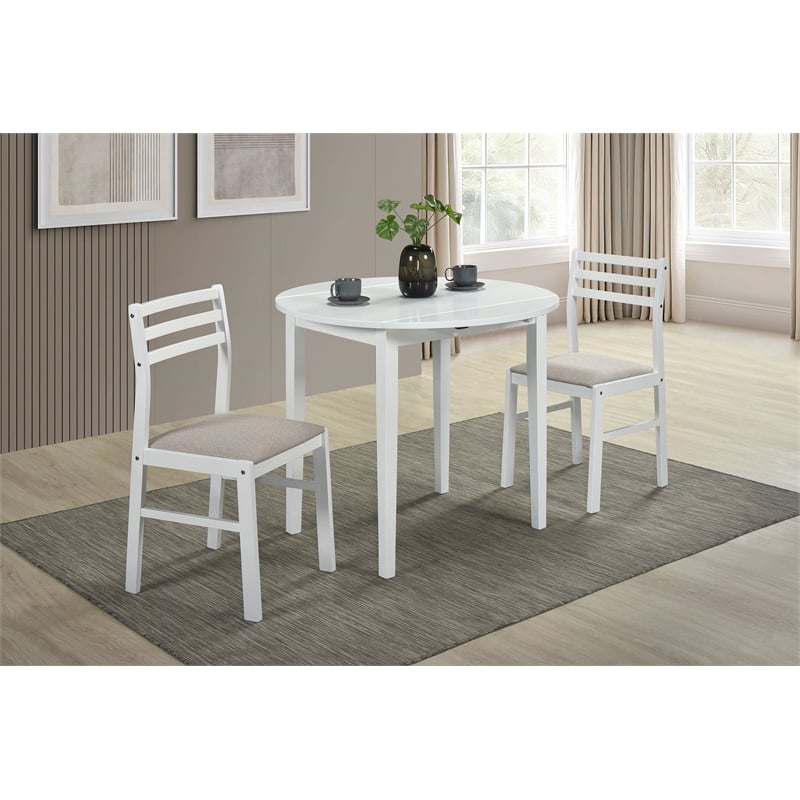 Pemberly Row 3-Piece Round Wood Drop Leaf Dining Set in White/Beige