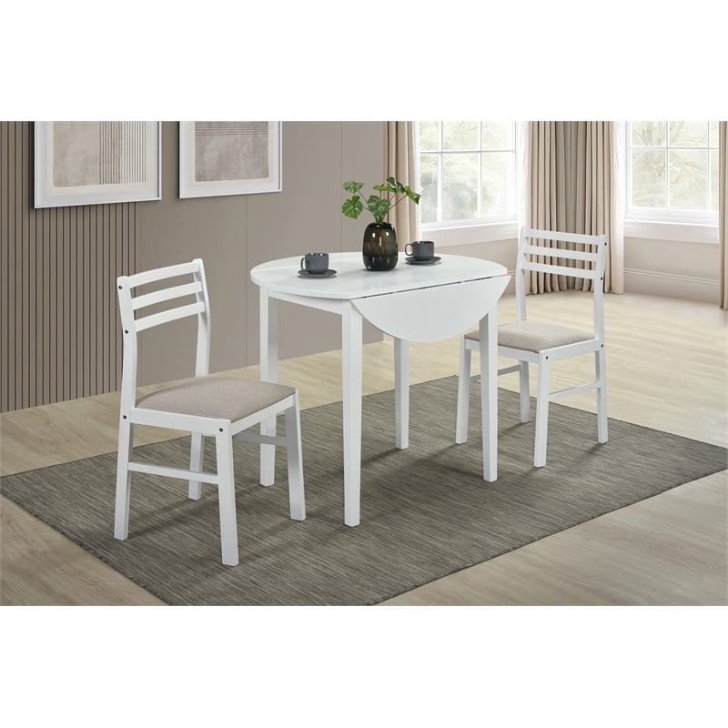 Pemberly Row 3-Piece Round Wood Drop Leaf Dining Set in White/Beige