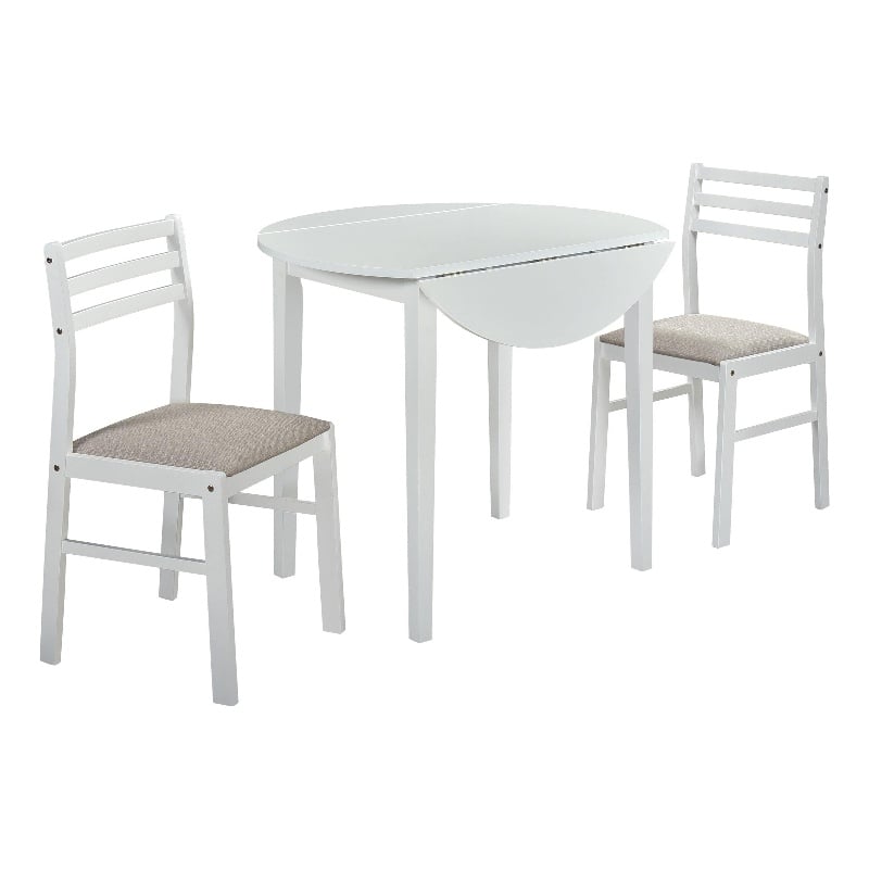 Pemberly Row 3-Piece Round Wood Drop Leaf Dining Set in White/Beige