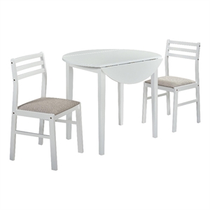 Pemberly Row 3-Piece Round Wood Drop Leaf Dining Set in White/Beige