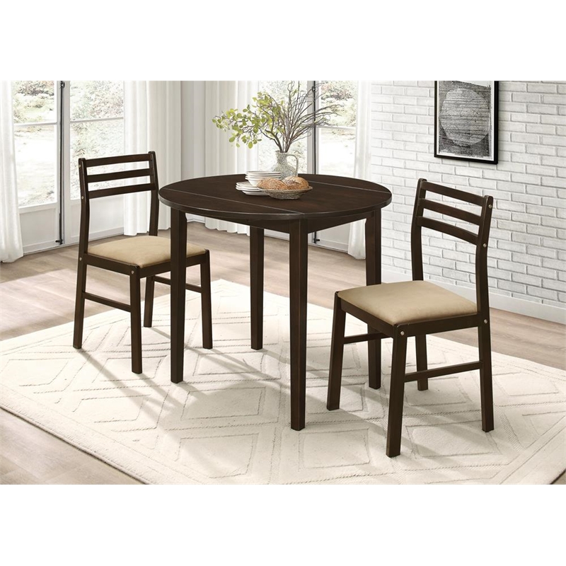 Pemberly Row 3-piece Round Drop Leaf Dining Table Set in Cappuccino