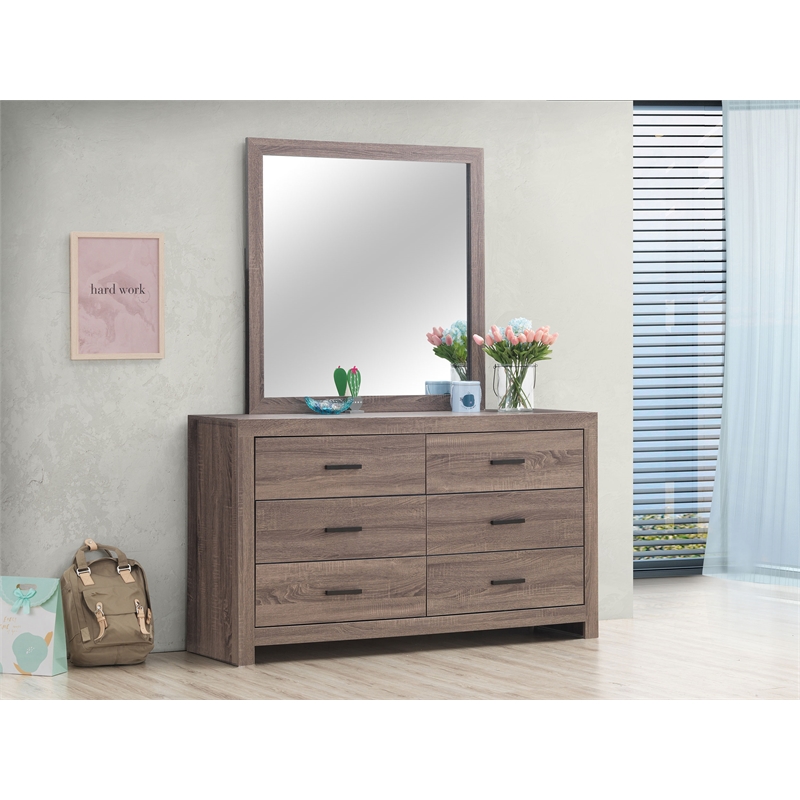 Pemberly Row 6-drawer Engineered Wood Dresser with Mirror in Barrel Oak