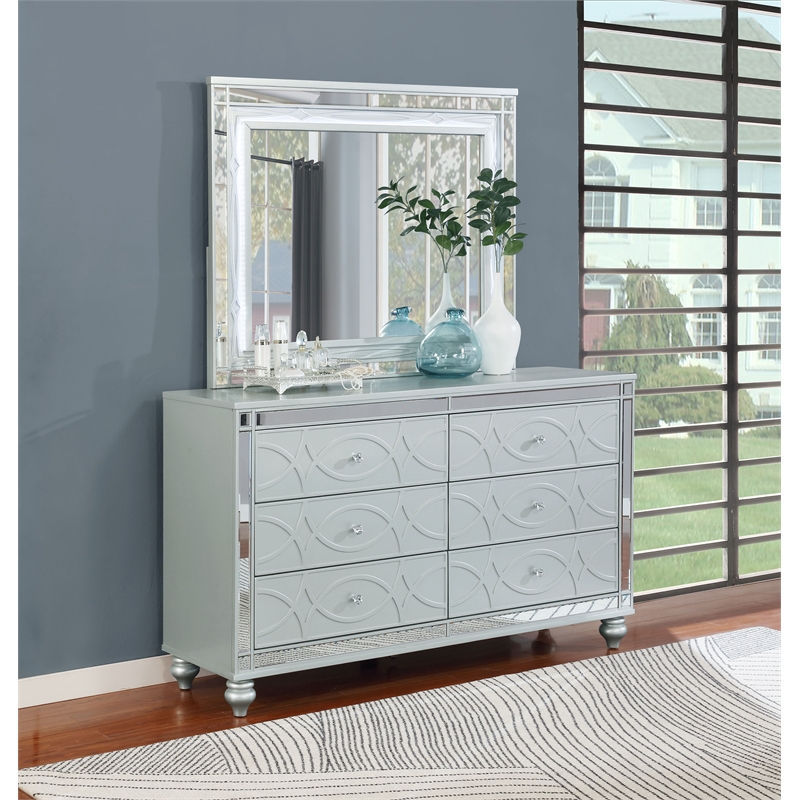 Pemberly Row 6-drawer Fretwork Dresser with Mirror in Silver Metallic