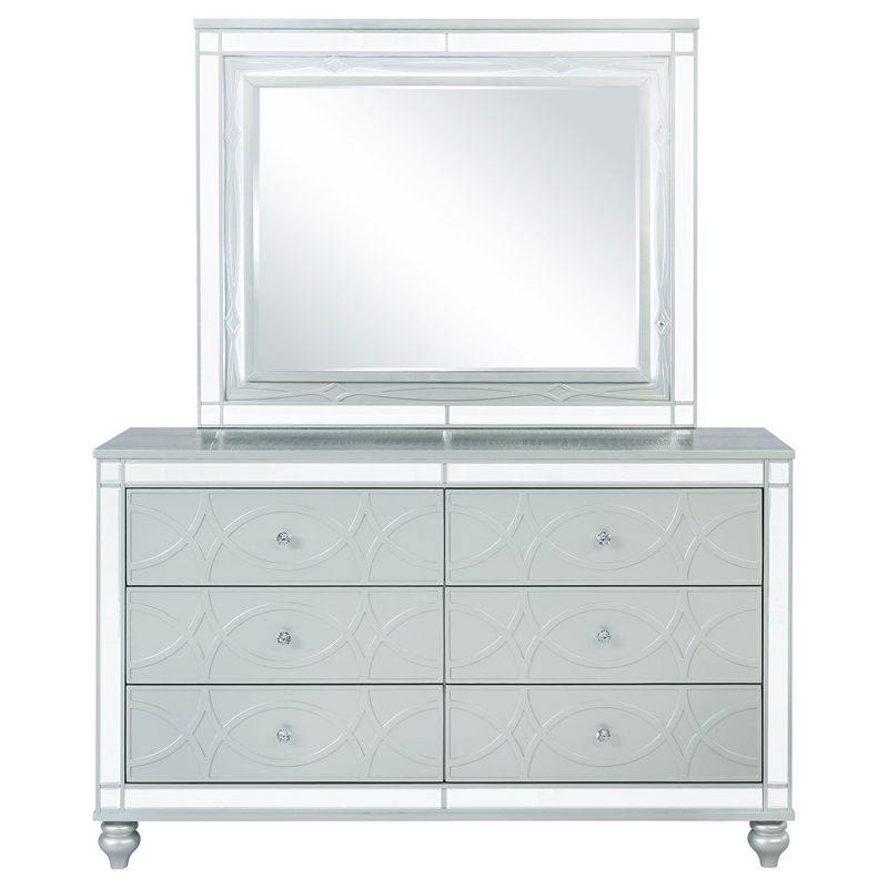 Pemberly Row 6-drawer Fretwork Dresser with Mirror in Silver Metallic