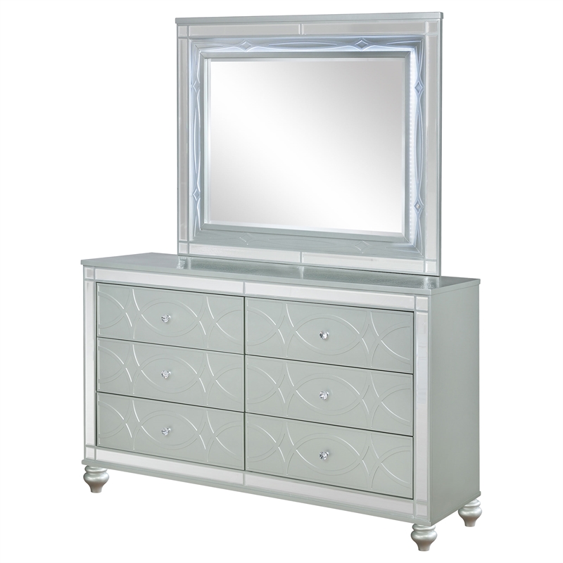 Pemberly Row 6-drawer Fretwork Dresser with Mirror in Silver Metallic