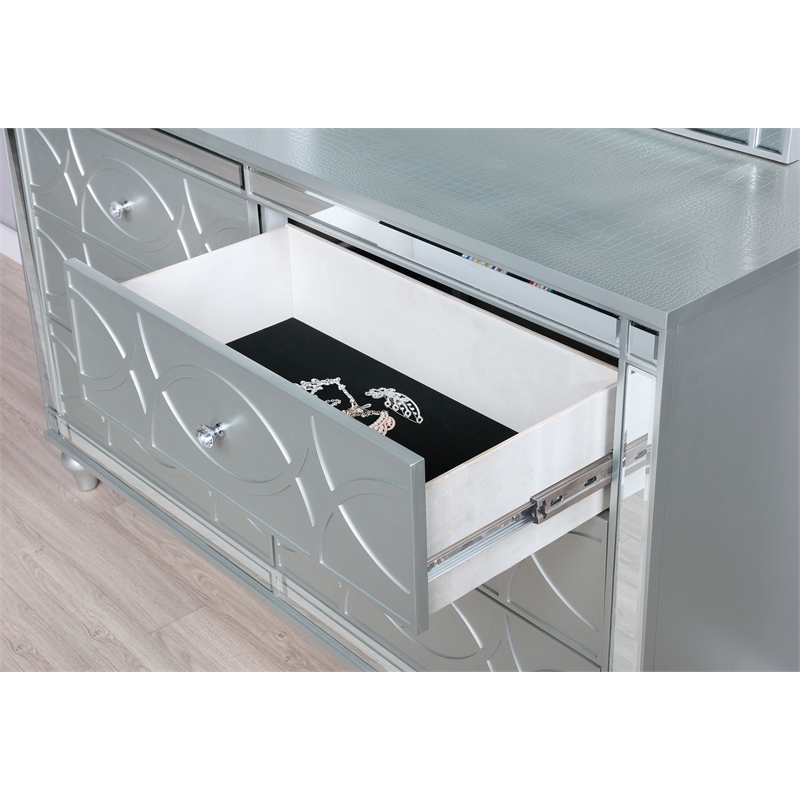 Pemberly Row 6-drawer Fretwork Dresser with Mirror in Silver Metallic