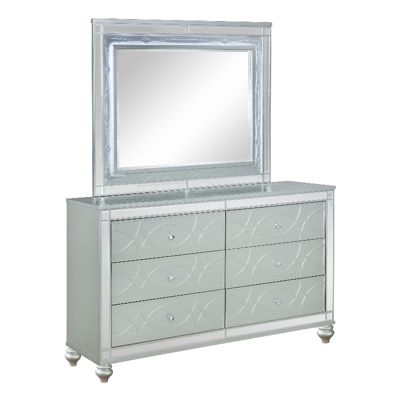Pemberly Row 6-drawer Fretwork Dresser with Mirror in Silver Metallic