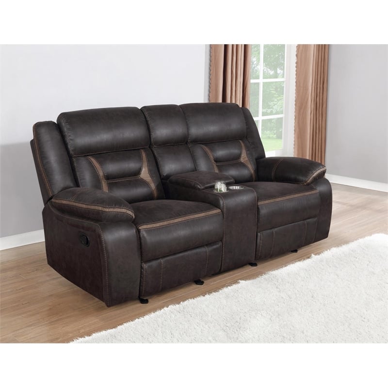 Pemberly Row Upholstered Motion Reclining Glider Loveseat in Brown