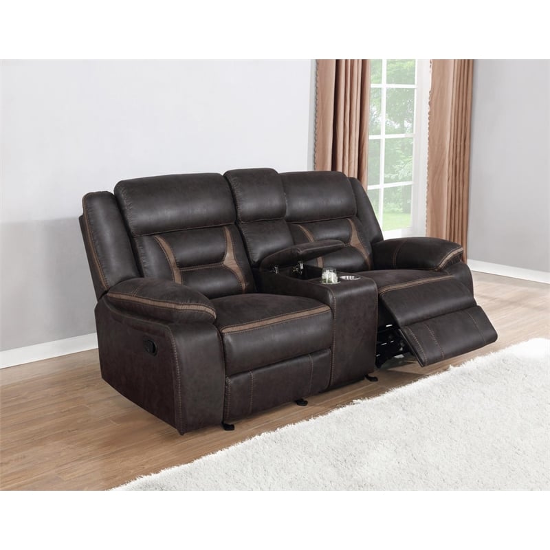 Pemberly Row Upholstered Motion Reclining Glider Loveseat in Brown