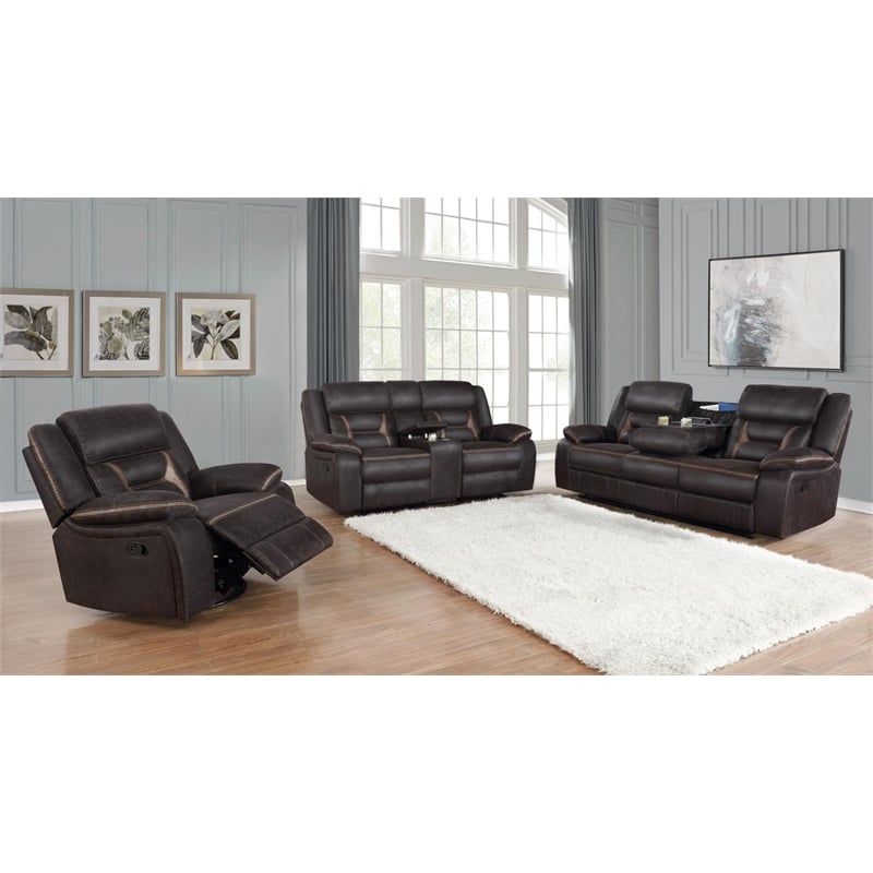 Pemberly Row Upholstered Motion Reclining Glider Loveseat in Brown