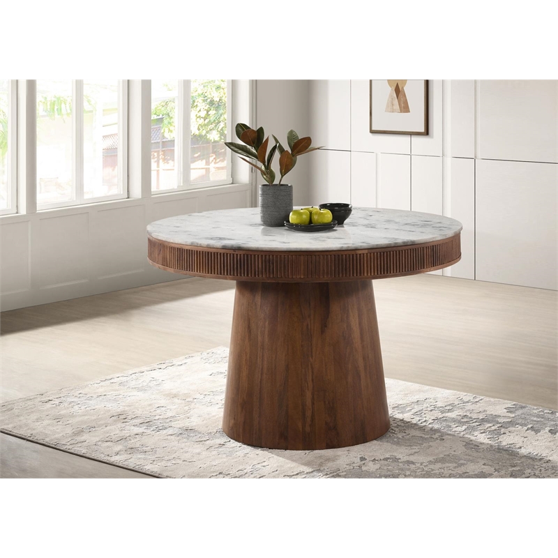 Pemberly Row Round 46-inch Marble Top Wood Dining Table in Natural