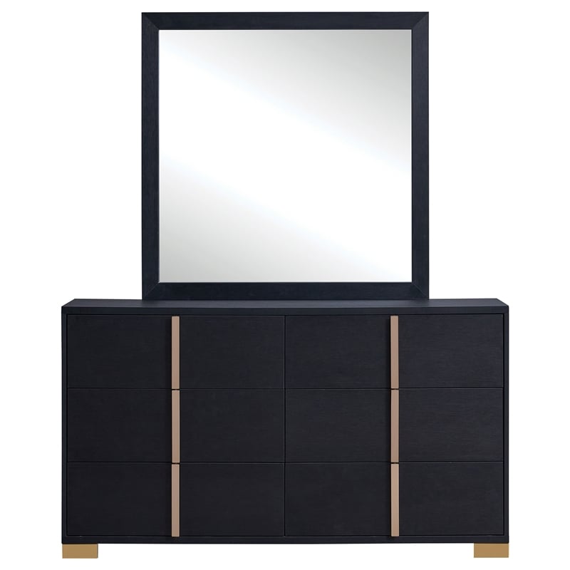 Pemberly Row 6-Drawer Dresser with Mirror and Gold Accents in Black