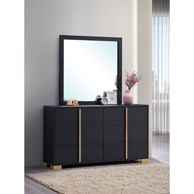 Pemberly Row 6-Drawer Dresser with Mirror and Gold Accents in Black