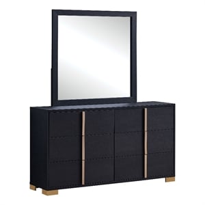 Pemberly Row 6-Drawer Dresser with Mirror and Gold Accents in Black