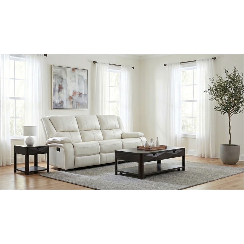 Pemberly Row Faux Leather Upholstered Motion Reclining Sofa in White