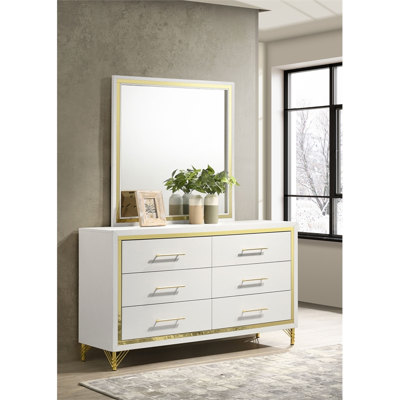 Pemberly Row Modern 6-Drawer Dresser with Mirror and Gold Trim in White