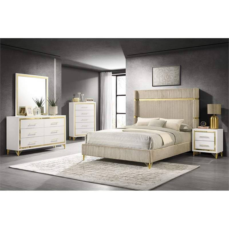 Pemberly Row Modern 6-Drawer Dresser with Mirror and Gold Trim in White