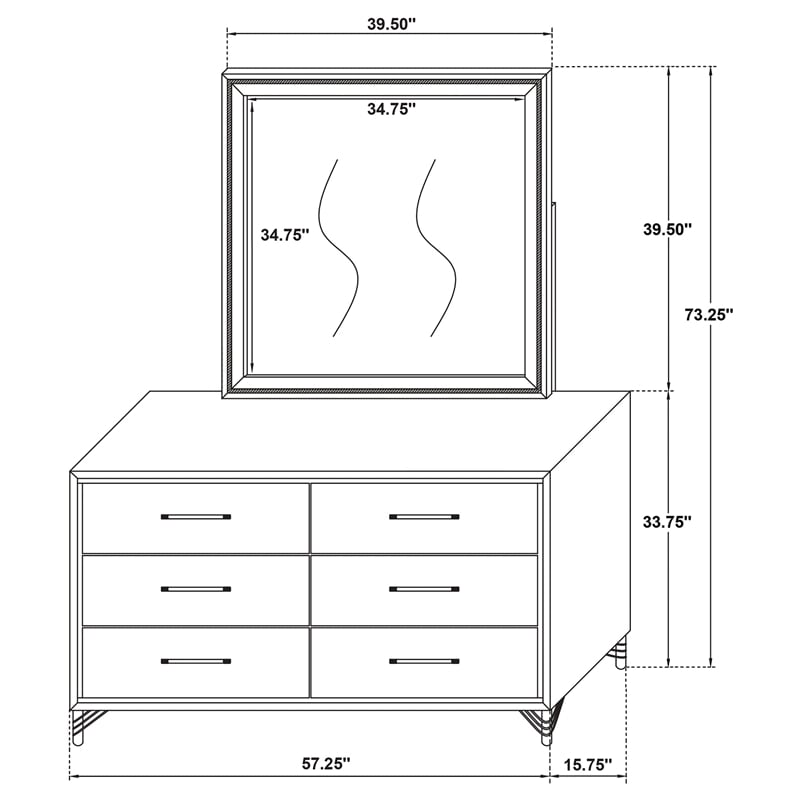 Pemberly Row Modern 6-Drawer Dresser with Mirror and Gold Trim in White