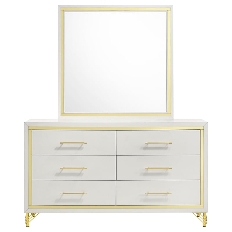 Pemberly Row Modern 6-Drawer Dresser with Mirror and Gold Trim in White