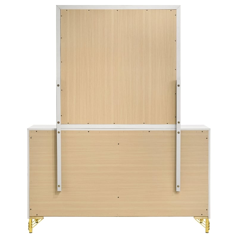 Pemberly Row Modern 6-Drawer Dresser with Mirror and Gold Trim in White