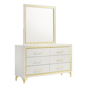 Pemberly Row Modern 6-Drawer Dresser with Mirror and Gold Trim in White