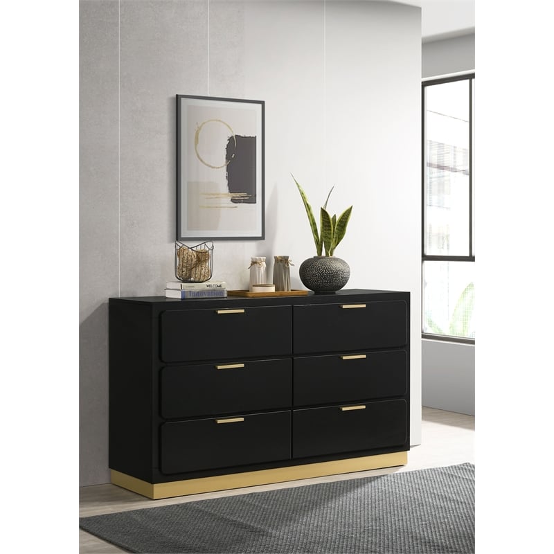 Pemberly Row Mid-Century Modern Wood 6-Drawer Dresser in Black
