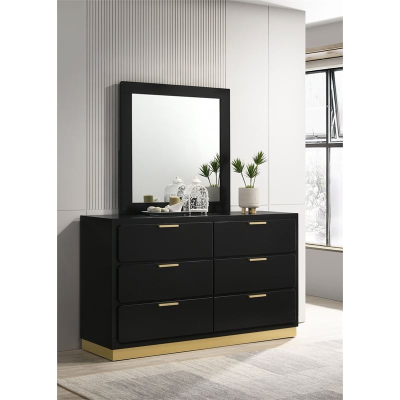 Pemberly Row Mid-Century Modern 6-Drawer Dresser with Mirror in Black