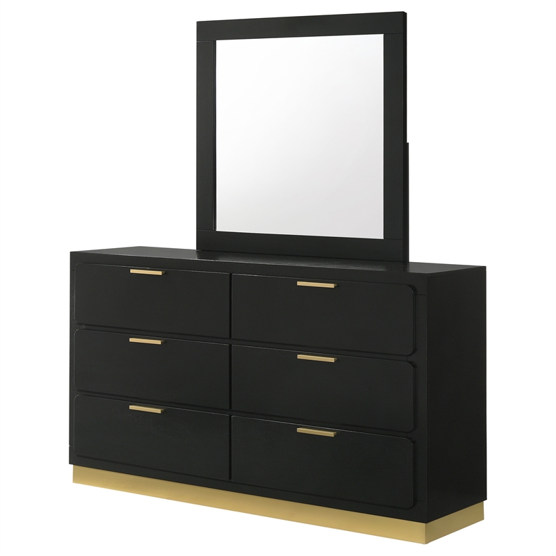 Pemberly Row Mid-Century Modern 6-Drawer Dresser with Mirror in Black