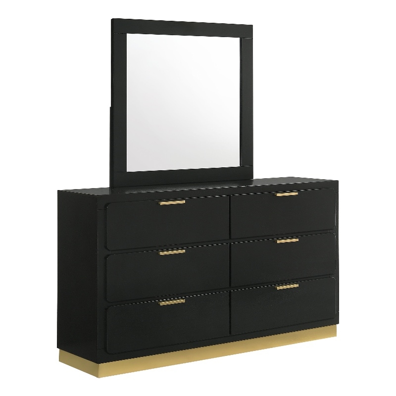 Pemberly Row Mid-Century Modern 6-Drawer Dresser with Mirror in Black
