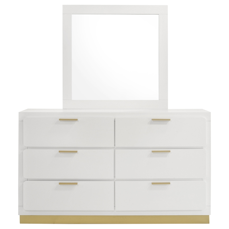 Pemberly Row Mid-Century Modern 6-Drawer Dresser with Mirror in White