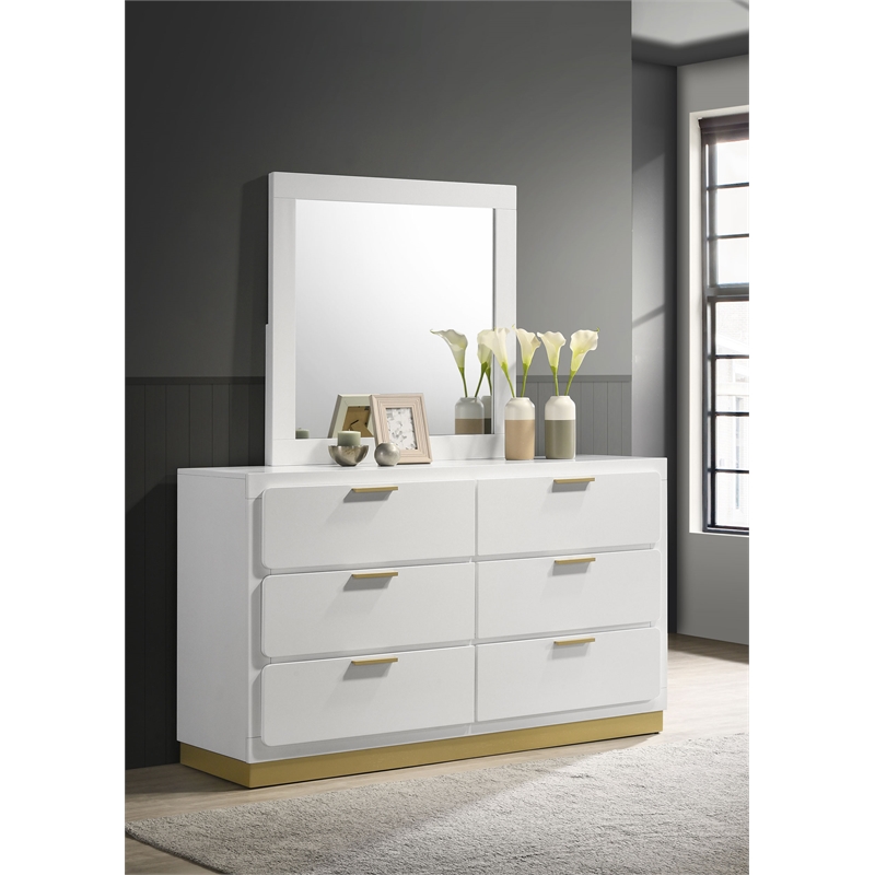 Pemberly Row Mid-Century Modern 6-Drawer Dresser with Mirror in White