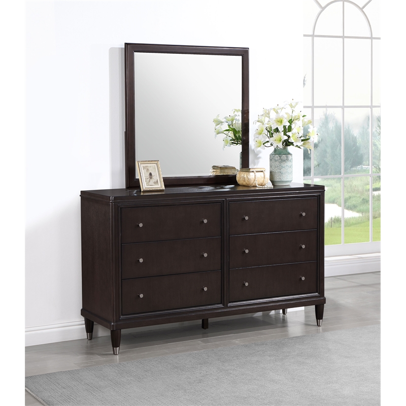 Pemberly Row Modern Wood 6-Drawer Dresser with Mirror in Brown