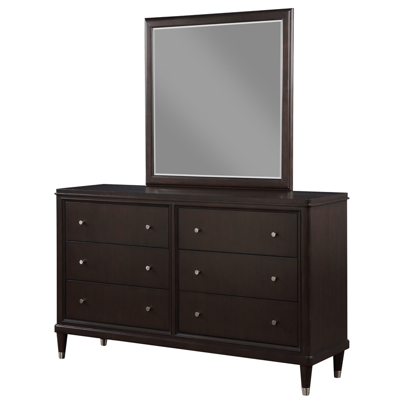 Pemberly Row Modern Wood 6-Drawer Dresser with Mirror in Brown