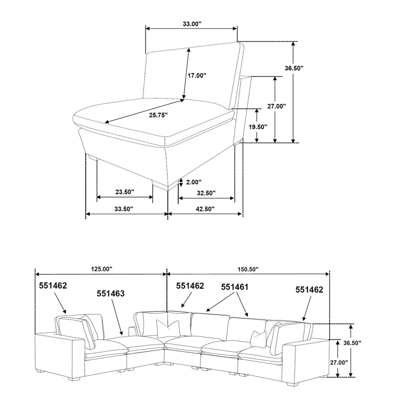 Pemberly Row Modern Upholstered Sectional Armless Chair in Ivory